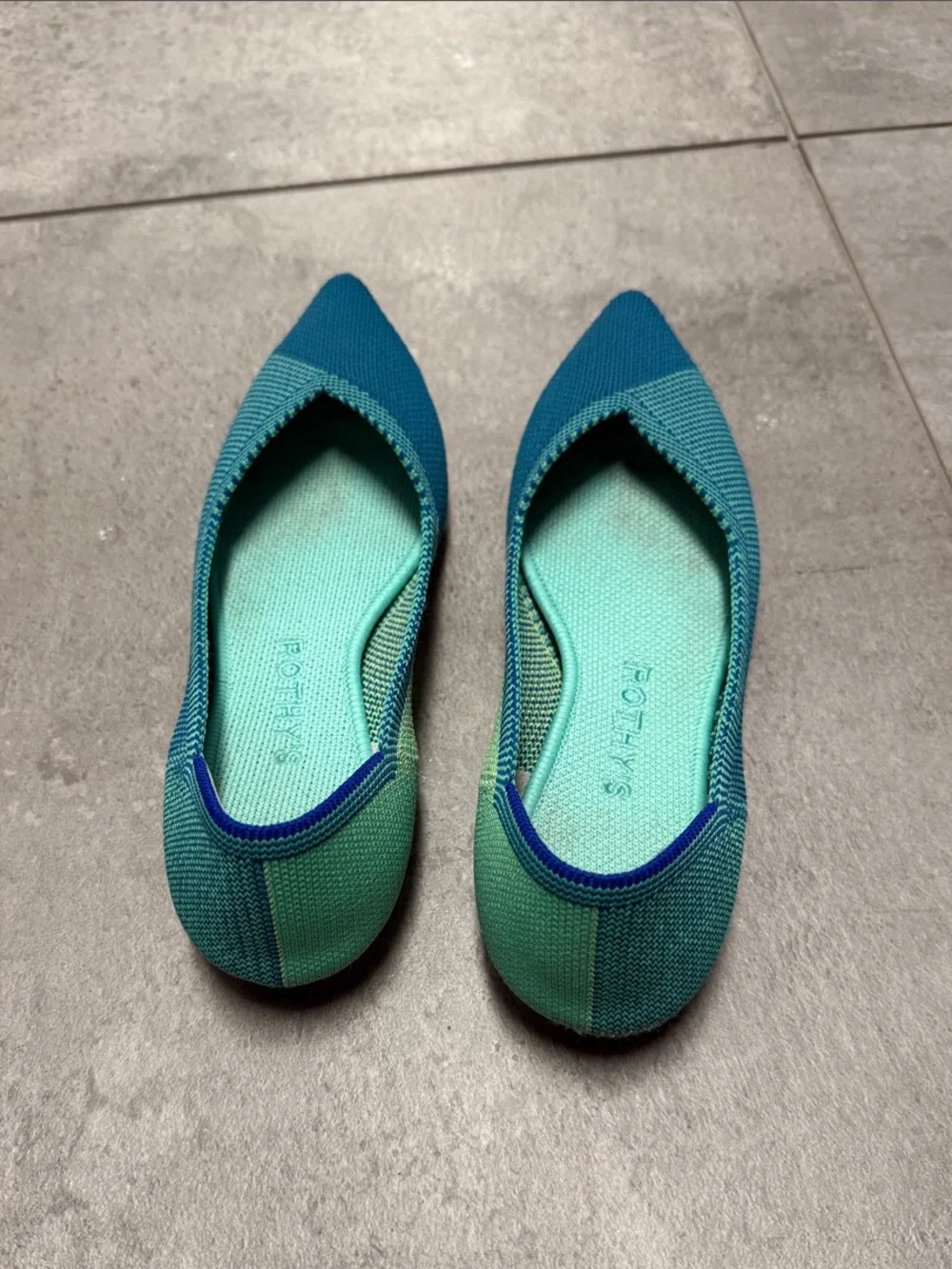 Rothy's Two-Tone Teal & Aqua Pointed-Toe Knit Flats